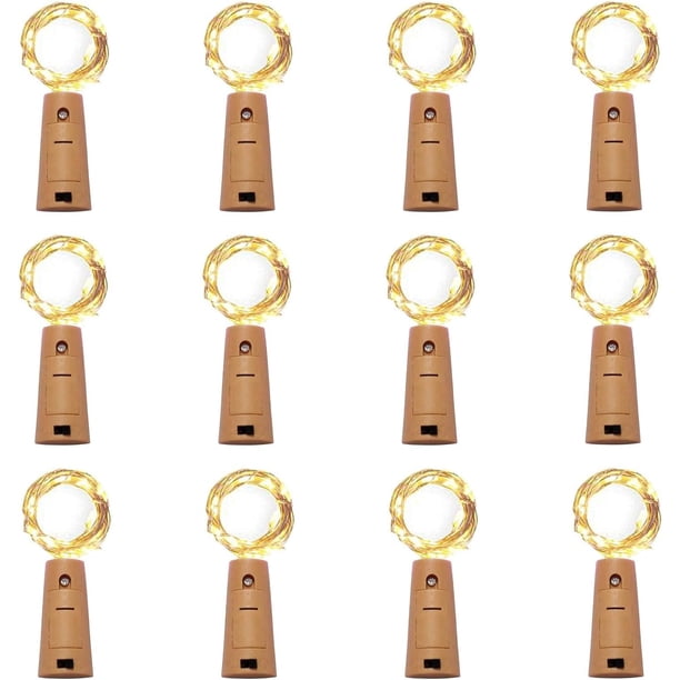 Paquete de 12 20 luces LED de corcho para botella de vino, mini guirnalda de luces de alambre de cobre, luces estrelladas con pilas para bricolaje, Navidad, paquete de 12, blanco cálido)