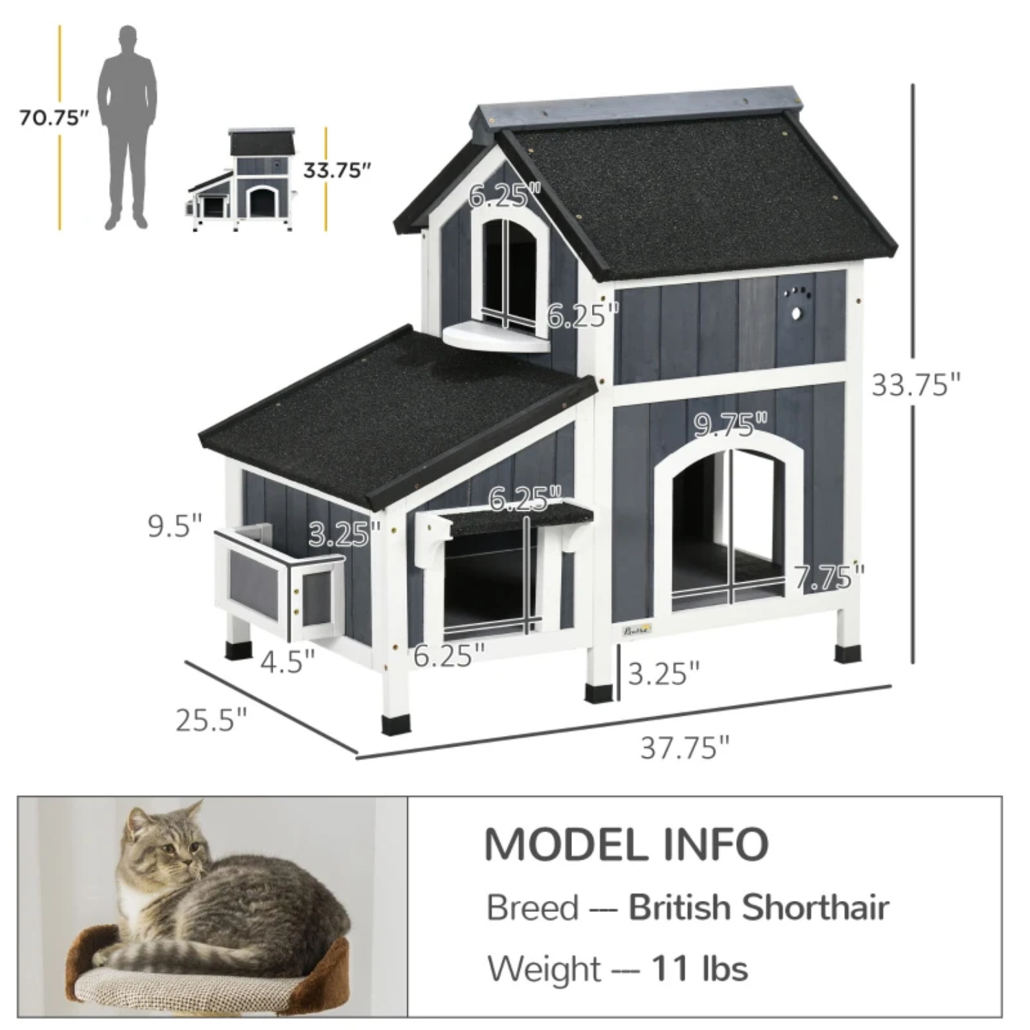 Pefilos 39" Wood Elevated Cat House with Escape Door, Outdoor Weatherproof 2-Story Feral Cat Shelter for Cats and Small Dogs, Gray