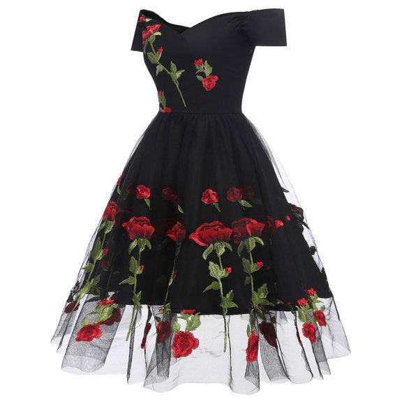 Lolmot Women Vintage Rose Embroidery Dress Temperament V-Neck Sexy Short Sleeve Net Yarn A-Line Dress Party Dress