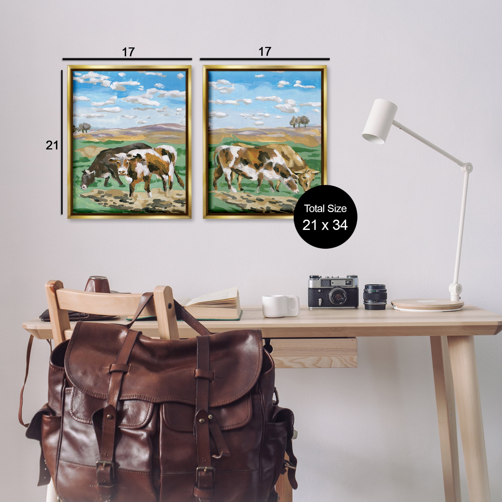 Stupell Industries Cows Grazing in Field Animals Painting Gold Floater Framed Canvas Art Print Wall Art, 17 x 21, Set of 2
