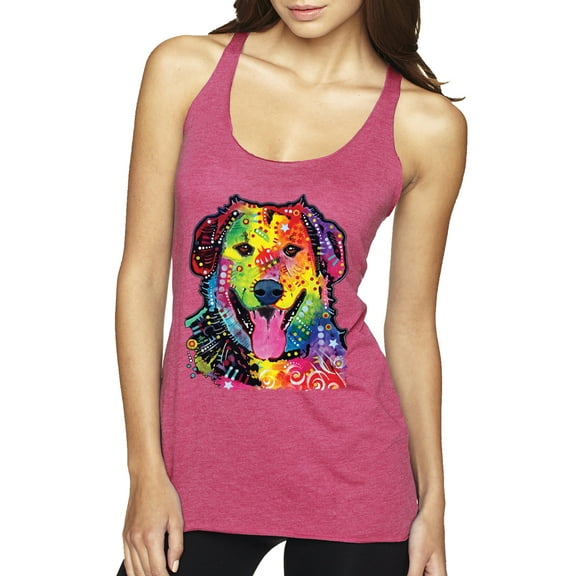 Smiling Dog | Colorful Neon Golden Retreiver | Dean Russo Art Animal Lover Tri-Blend Racerback Tank Top, Vintage Pink, Small