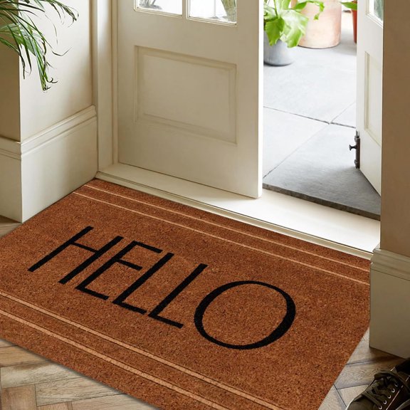 Minimalist "HELLO" Black Uppercase Letters Brown Coconut Coir Woven Texture Classic Welcome Design Doormat, 0.4-inch Thick, Soft Flannel Non-Slip Door Mat, Machine Washable, Easy to Clean, All-Se