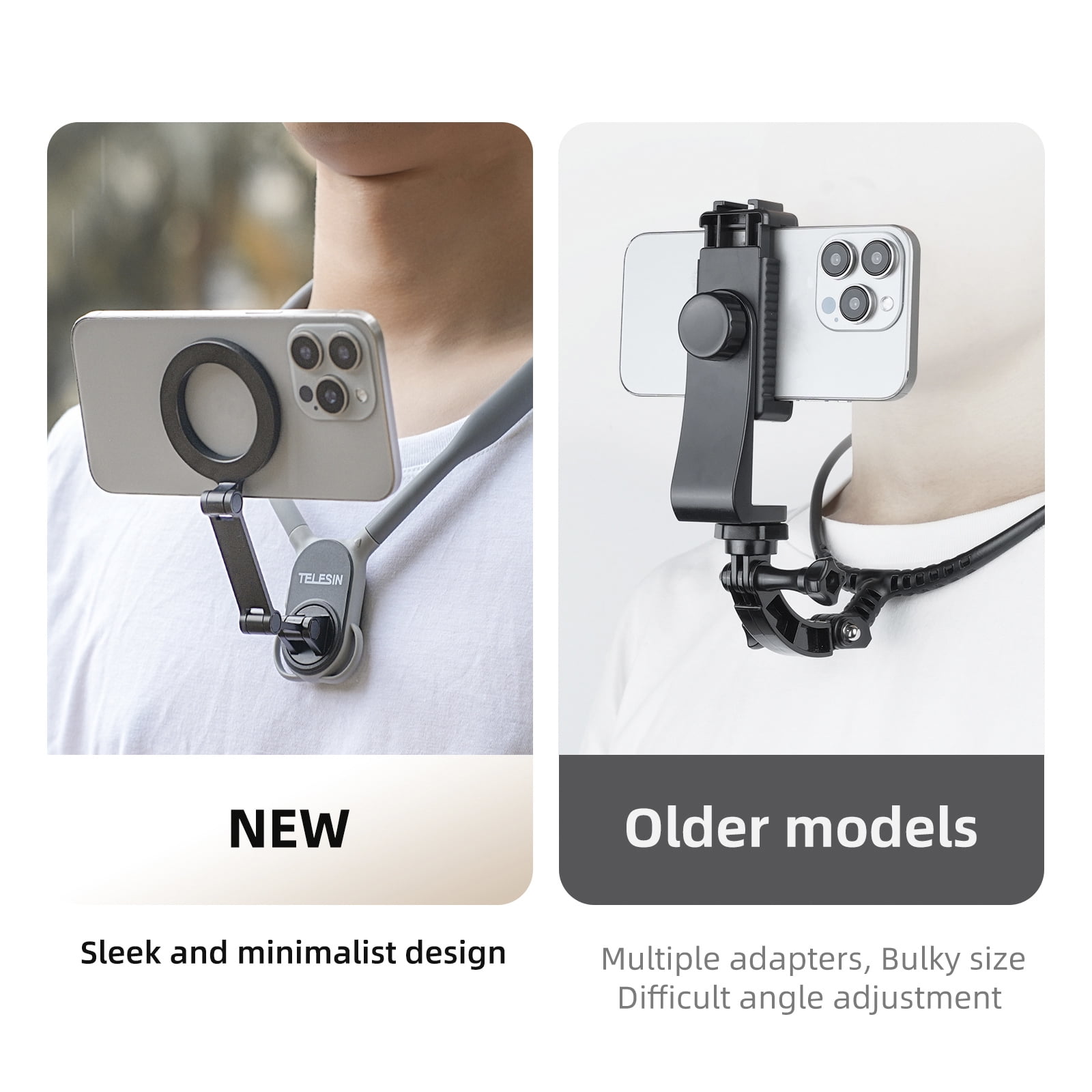 VIPQV Magnetic Neck Mount for Phones, Neck Cell Phone Holder POV/Vlog Selfie Mount Hand Free Phone Neck Holder Chest Stand Strap Video Recording for iPhone Android Phones, Gray