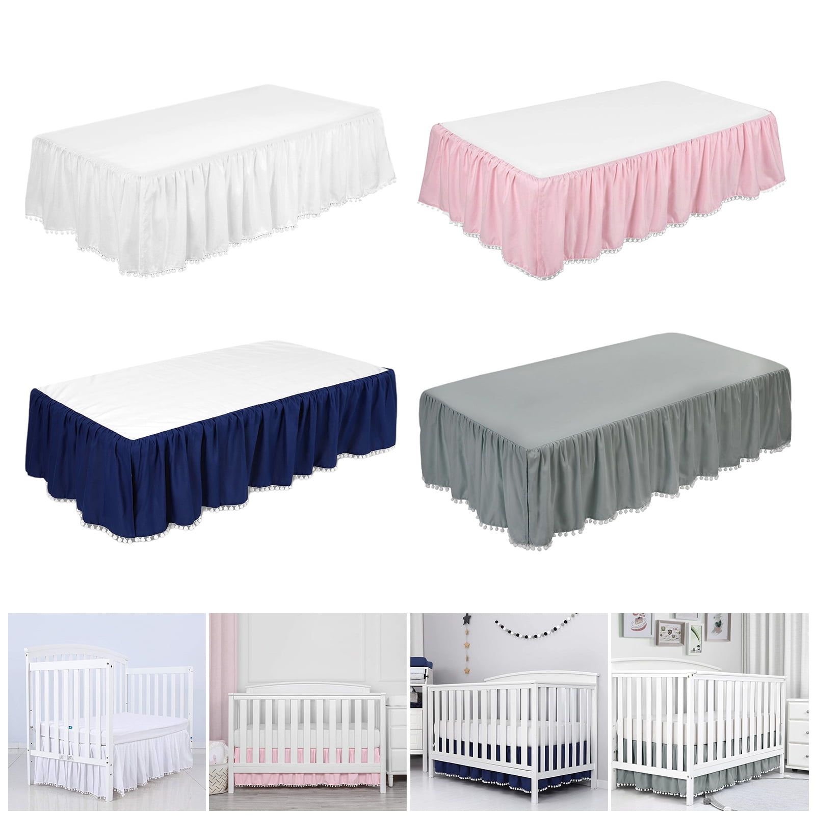 Pnellth Plush Ball Ruffled Crib Skirt Toddler Adjustable Elastic Bedding Crib Ruffle Bed Skirt Baby Boys Girls Bed Cover
