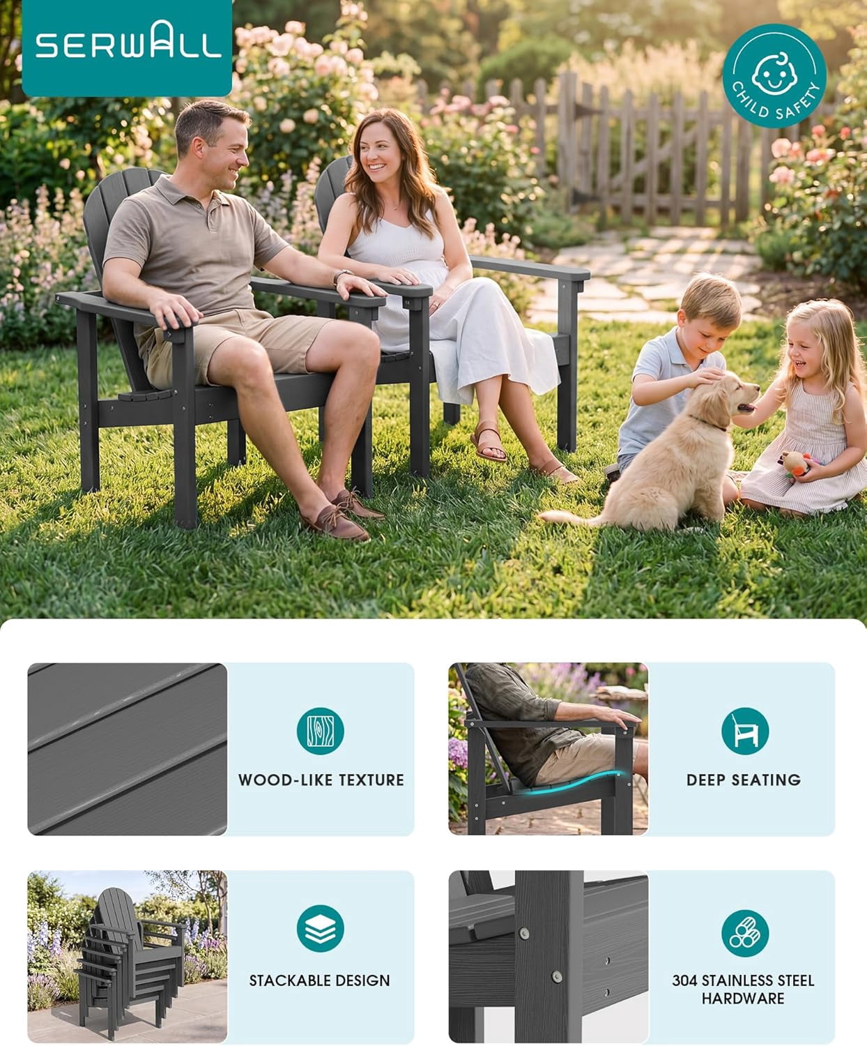 HJTER Stackable Modern Adirondack Chair, HDPE Outdoor Patio Chair with Space-Saving Design, All-Weather Fire Pit Chair with Widened Seat for Deck, Backyard, Garden, Lawn (Grey)