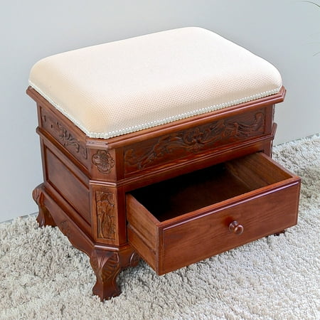 International Caravan Windsor Hand-Carved Vanity Stool with Drawer