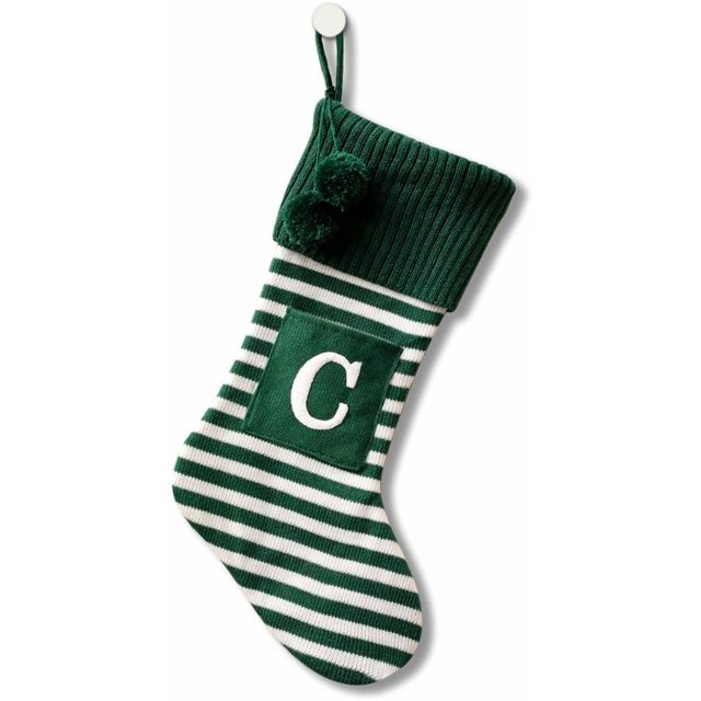 Medias navideñas bordadas con monograma inicial de 20 pulgadas, medias navideñas tejidas a rayas con letras rojas, blancas y verdes para decoración familiar, fiestas y chimeneas de Navidad.