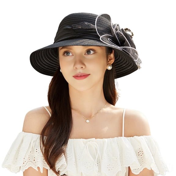 Xinwanna Women Organza Kentucky Sun Hats Wide Brim Flower Church Bridal Hat Beach Derby Hat for Tea Party Wedding (Black)