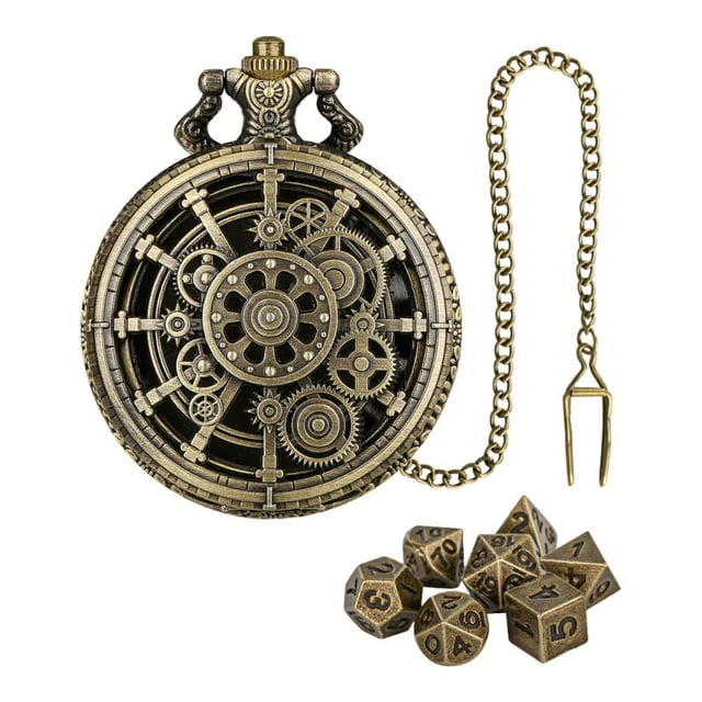 DND Dice Set With Gear Pocket Watch Polyhedral Metal Dices
