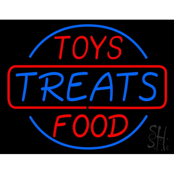 Toys Treats and Food LED Neon Sign 24 x 31 - inches, Black Square Cut Acrylic Backing, with Dimmer - Bright and Premium built indoor LED Neon Sign for restaurant window and interior decor.