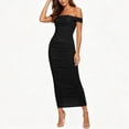 thumbnail image 2 of Women's off Shoulder Ribbed Midi Dress, Solid Sleeveless Ruched Split Bodycon Summer Club Dress Black XL(XL), 2 of 7