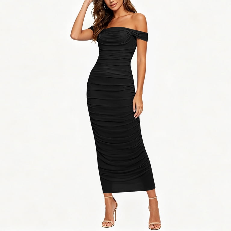 black off the shoulder ruched bodycon dress Off The Shoulder Long Sleeve Ruched Detail Bodycon Mini Dress In Black | EGO US