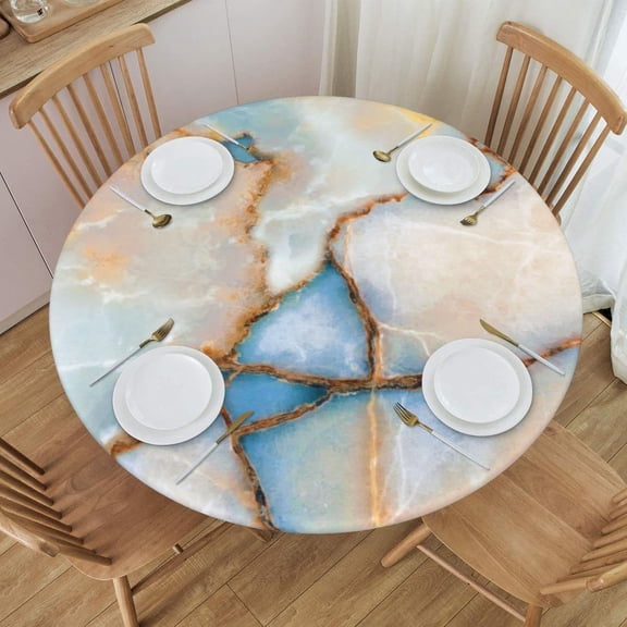 Natural Marble Texture Tablecloth with Elastic Edge, Round Table Cloth Washable Reusable Table Cover for Kitchen Dining Party Picnic, Medium