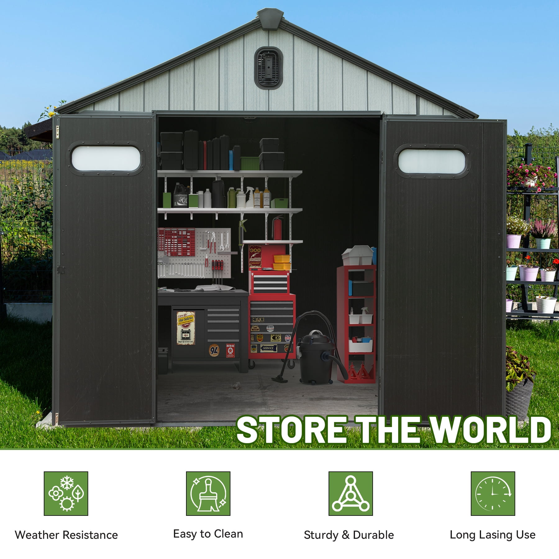Heavy-Duty 8x10 Outdoor Storage Shed - Waterproof Resin Garden Shed with Lockable Door, Windows & Ventilation - Fits Riding Lawn Mower, Patio Furniture, Bikes, Yard Tools (Wood Grain Design)