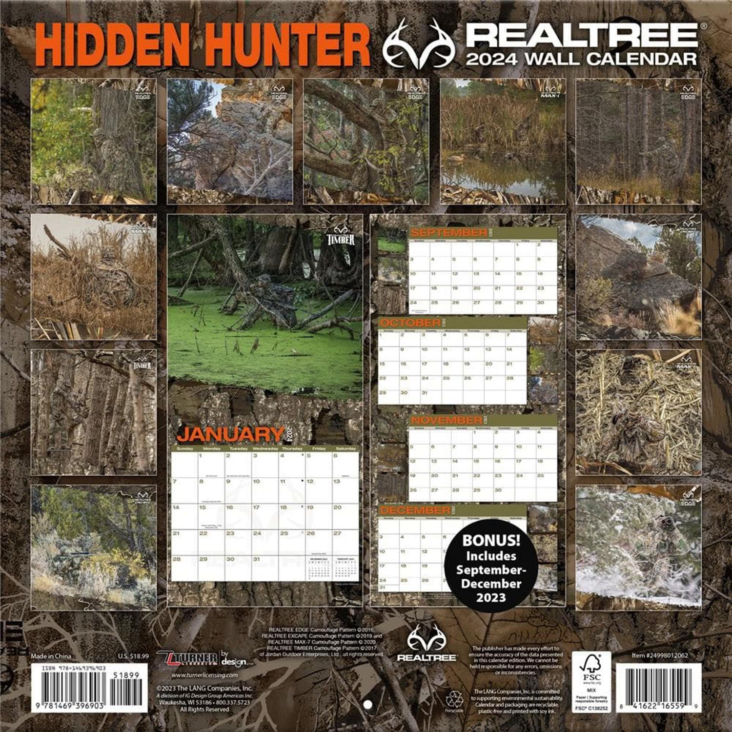 Turner Licensing Realtree Hidden Hunter 2024 12x24 Inch Square Wall Calendar, 9781469396903