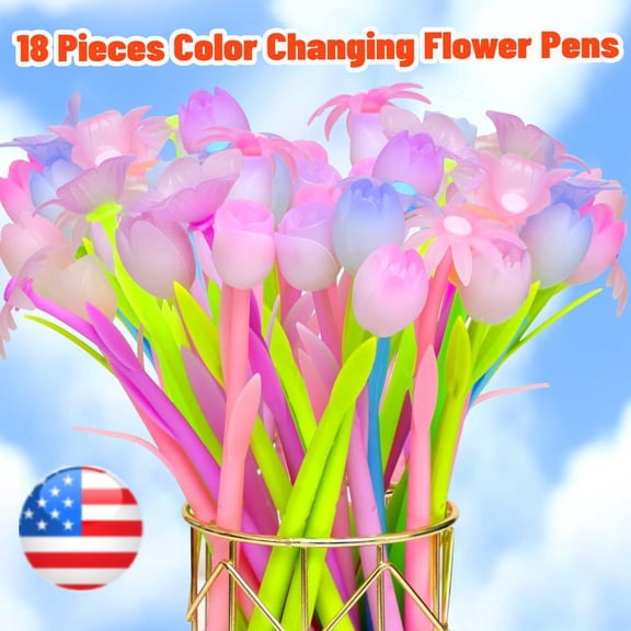 18 Pieces Color Changing Flower Pens Colorful Gel Ink Ballpoint Rose Pens for Home Office Presents(Daffodil Lampranthus Spectabilis Tulip Rose)