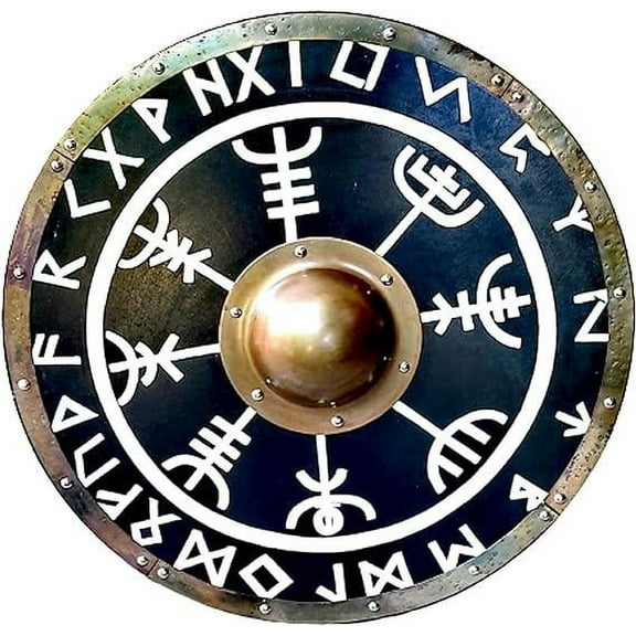 The Antiqula Viking Shield 24'' Medieval Warrior Wooden Viking Shield Round Shield Warrior Costume Halloween Cosplay Wall Art,Medieval Warrior Knight Viking Collection Home Decor Gift Item BROWN,BLACK