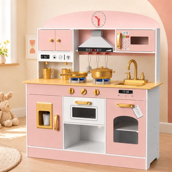 Oswerpon Wooden Kids Play Kitchen, Pretend Play Kitchen Set with Lights & Sounds, 30 PCS Accessories, Microwave, Ice Maker & Coffee Maker Toy Kitchen Set,Pink