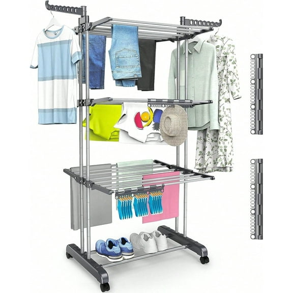 Clothes Drying Rack Stand 4-Tier, Foldable Wings Laundry Garment Rack , Steel Drying Rack, Adjustable Rolling Clothes Horses Dryer Rack, Easy To Assemble, Indoor Outdoor Use, Gray