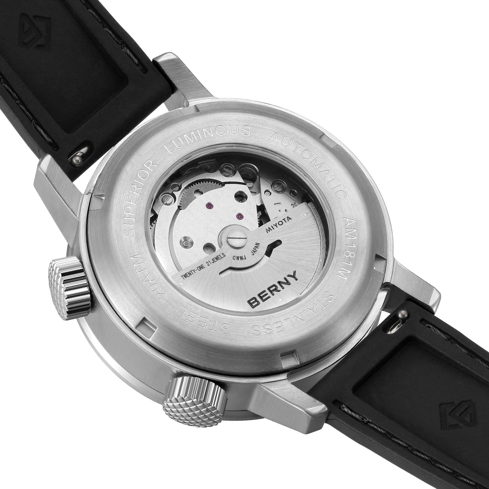 BERNY Automatic Dive Watches for Men, Sport 200M Waterproof Analog Mechanical Watch with Date, Super Luminous, Fluororubber Strap, Sapphire Crystal, Fashion Men's Pro Diver Watch (Black)
