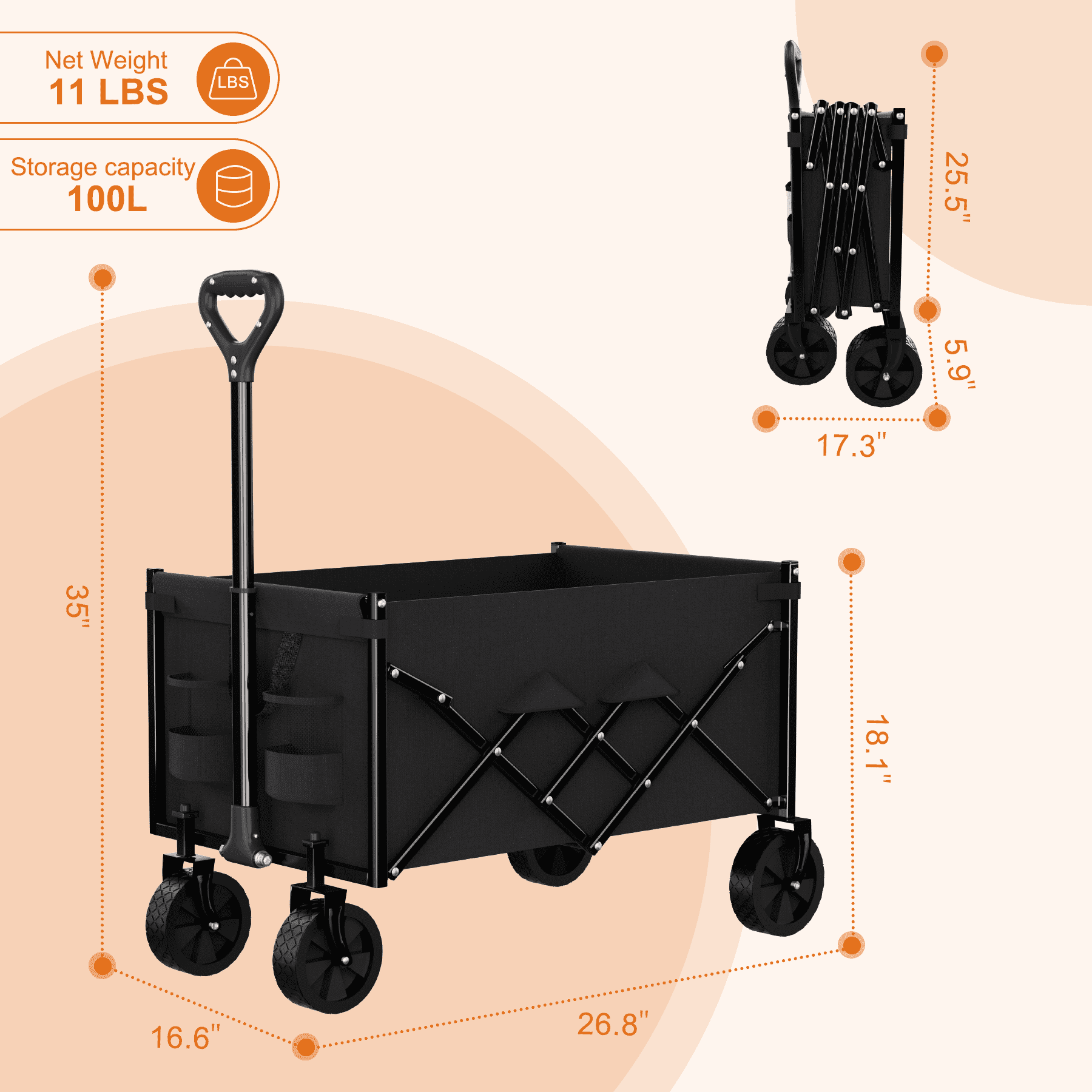 Favoyard Collapsible Wagon, Portable Folding Wagon with All-Terrain Wheels and Adjustable Handle for Grocery Camping Shopping Garden, 100L and 330lbs