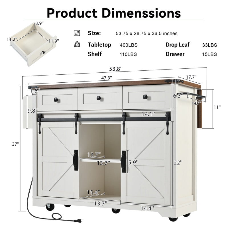 Bellemave 53.7" Kitchen Island with Power Outlet & Drop Leaf, Rolling Island with Table with Storage Drawers & Cabinet, Kitchen Island Cart with Spice Rack & Towel Rack on Wheels（White)