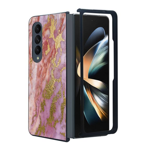 ANJ  Protective Snap-On Design Printed Case Compatible with Samsung Galaxy Z Fold 4 - Red/Gold Marbling
