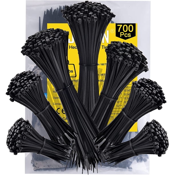 Bridas de plástico para cables (700 unidades), color negro, Rilsan, 100/150/200/250/300 mm x 3,6 mm, de nailon, para la gestión de cables.