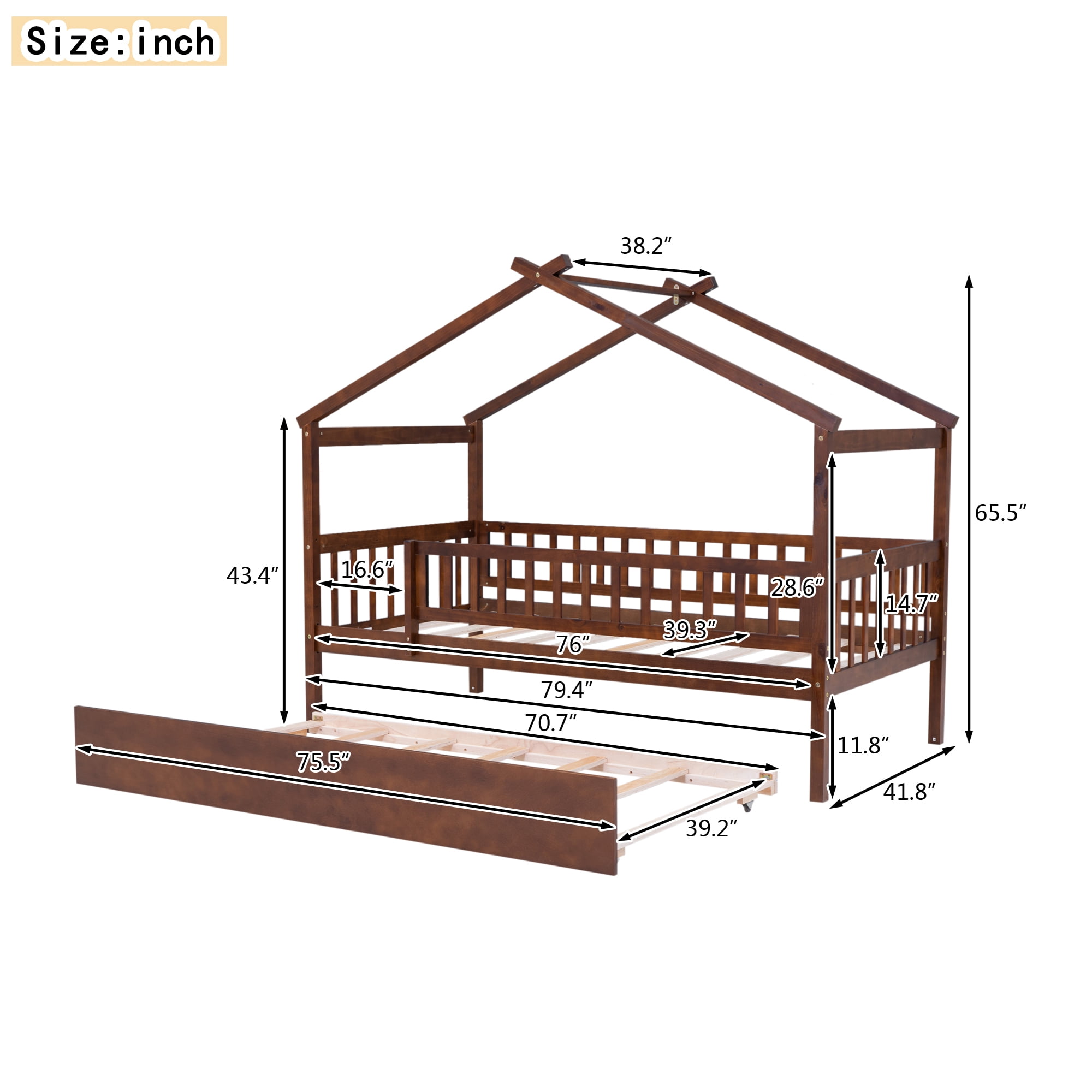 Gewnee Pine Wood Twin Size House Bed with Trundle and Roof for Kids,Walnut