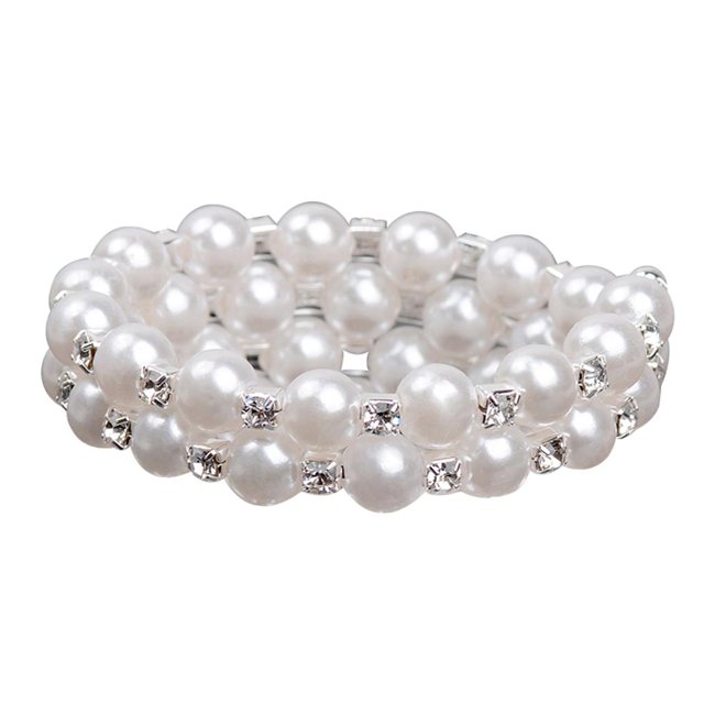 Pulsera elástica elegante con perlas de imitación y diamantes de imitación para mujer, ideal para novias, bodas y graduaciones. 2 hileras