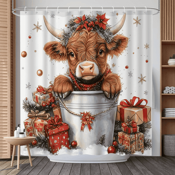 72x72in Highland Cow Christmas Shower Curtain Cute Animal Holiday Decor Polyester Fabric with 12 Hooks Festive Winter Theme Bathroom Decoration