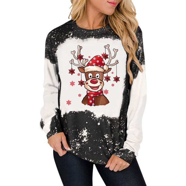 Sudaderas Navideñas Para Mujer Moda Casual Estampado de Solapa Cuello de Manga Larga Camiseta Suelta Blusa Jersey Tops Odeerbi ODB194441