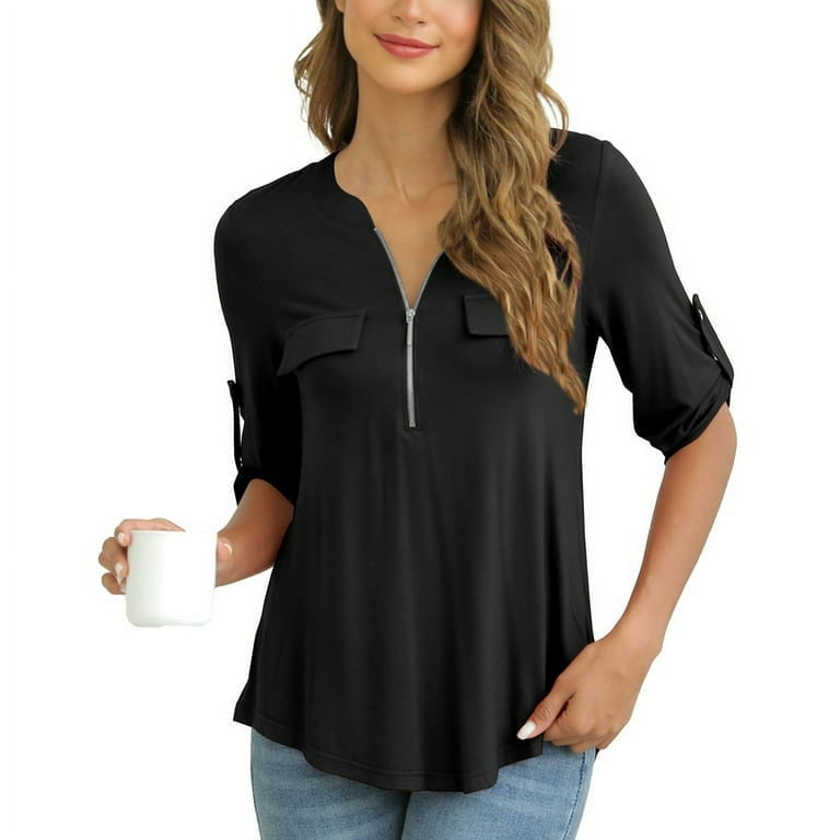 Traleubie Women's Plus Size Tops Zip Front V Neck 3/4 Sleeve Blouses Casual  Tunic Shirts