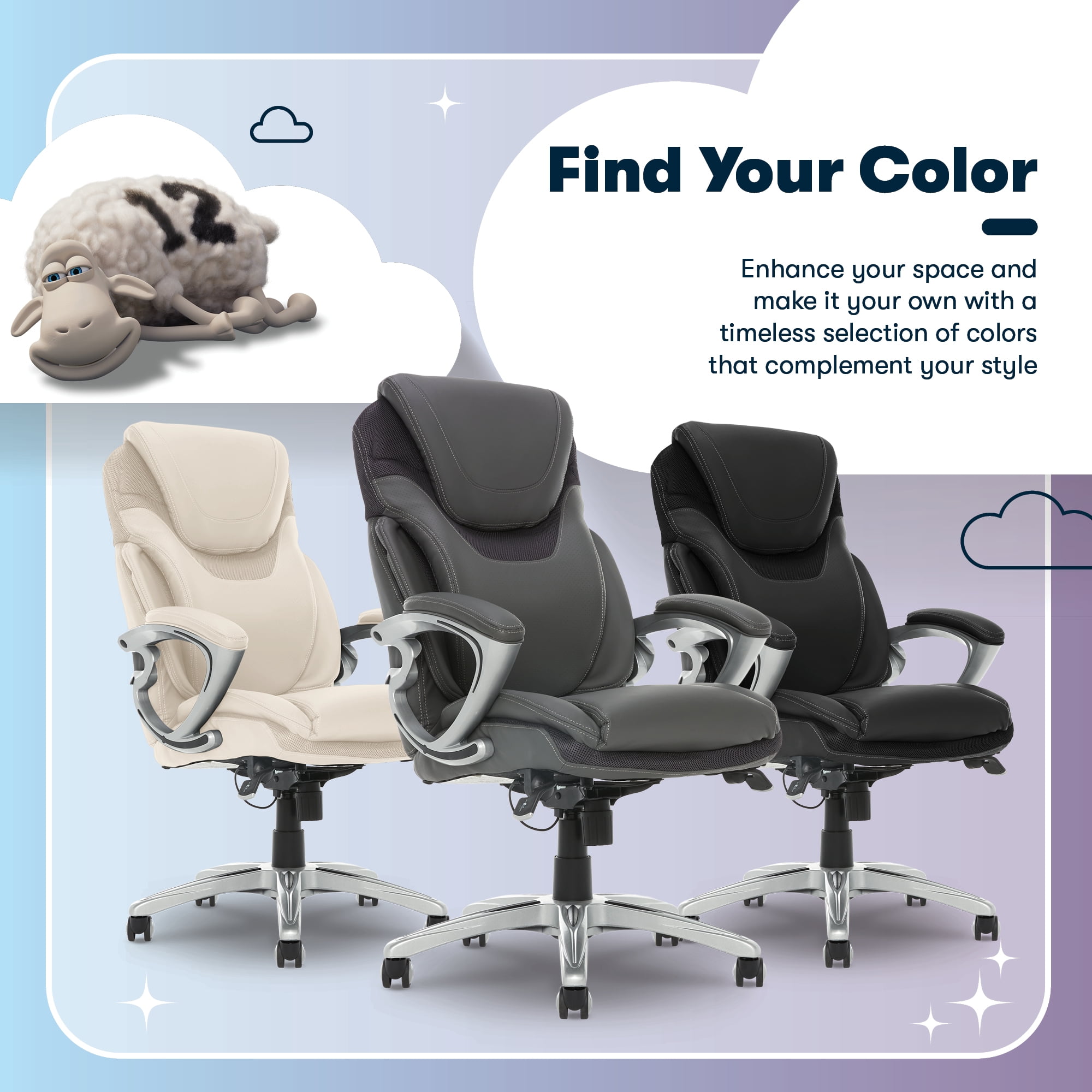 Serta Bryce Executive Office Chair, Ergonomic Computer Desk Chair with Patented AIR Lumbar Technology - Adjustable Height, Memory Foam Body Pillows, 360° Swivel Rolling Base, Bonded Leather, Gray