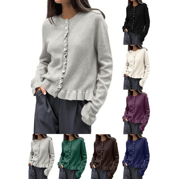 Liuinsasek Knit Cardigan for Women Solid Color Long-Sleeve Crew-Neck Button-Up Ruffled Knit Cardigan Casual Cute Sweaters Fall Winter Outfits