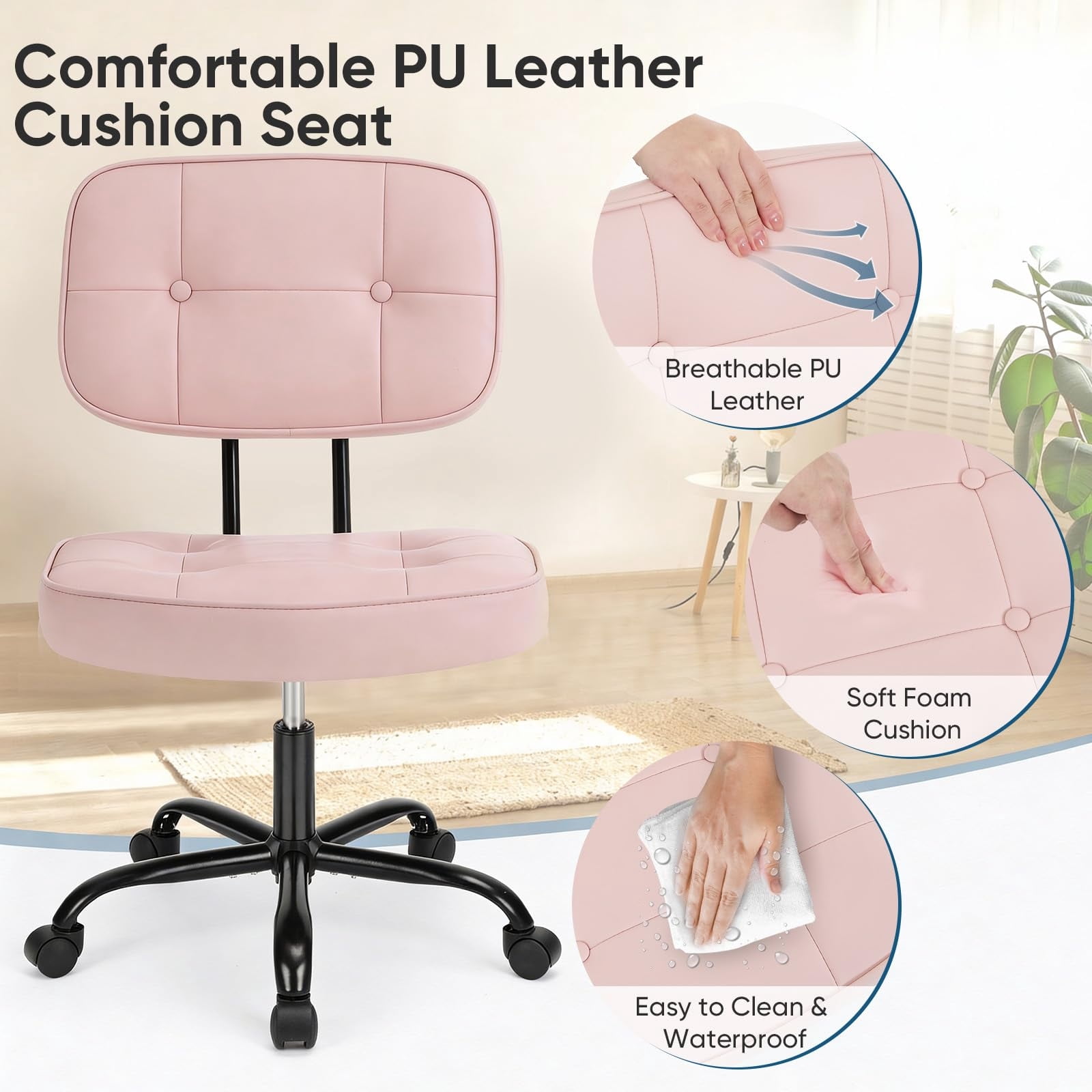 Telyra Armless Office Chair Adjustable PU Leather Desk Chair with Wheels Padded Low-Back Swivel Vanity Chair, Pink