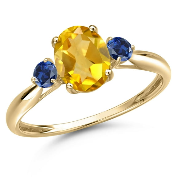 Gem Stone King 10K Yellow Gold Yellow Citrine and Blue Created Sapphire 3-Stone Ring for Women | 1.58 Cttw | Oval 8X6MM | Gemstone November Birthstone | Size 7