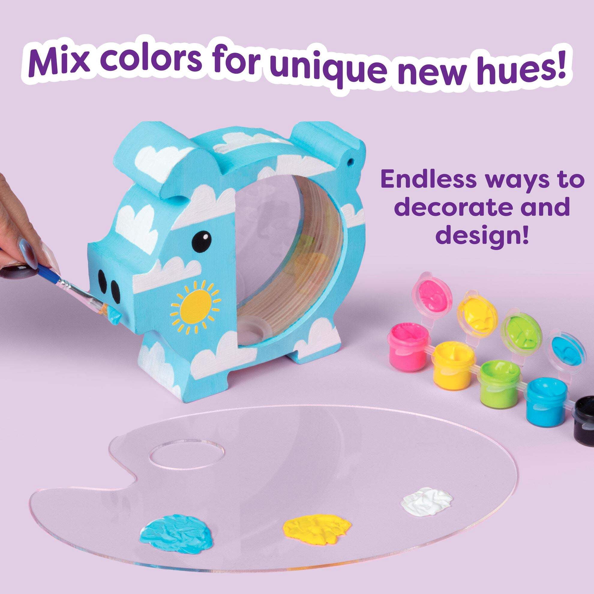 Tulip Paintable Wood Piggy Bank Paint Set, Craft Kit, 4 Piggy Banks, 4 Paint Brushes, 24 Paints