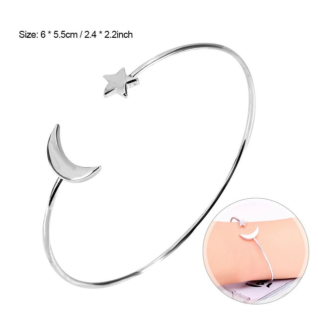 Pulsera abierta femenina Brazalete de pulsera chapado en cobre con decoración de estrella lunar (Plata)