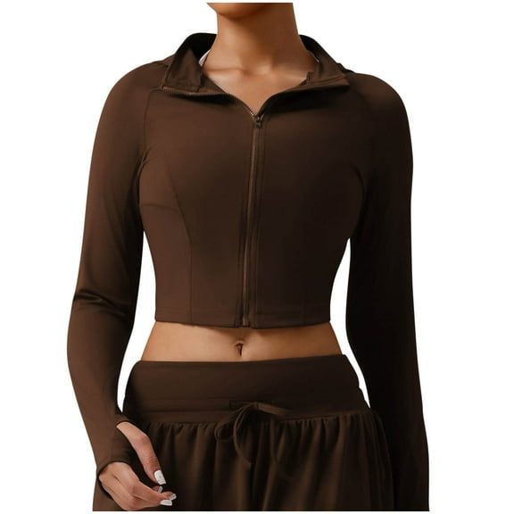 Olyvenn Women's Zip Up Crop Running Jackets Long Sleeve Mock Neck Slim Fit Yoga Workout Tops Activewear Fall Coat Brown L