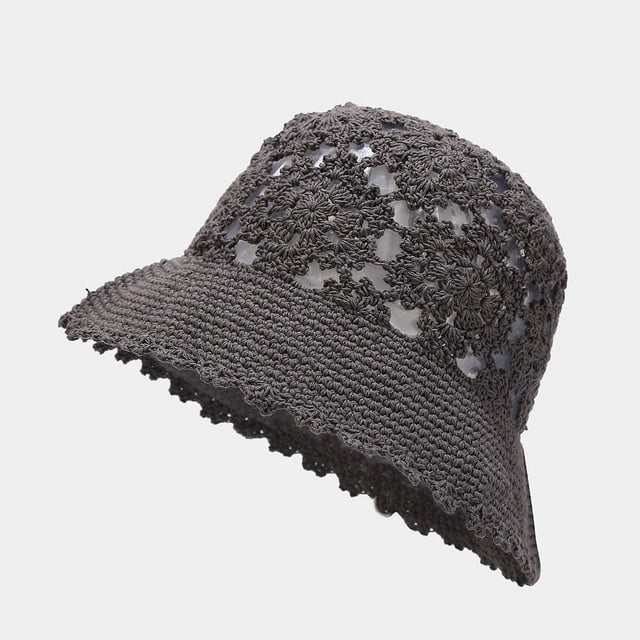 Sombrero de cubo de verano de punto de ganchillo gris para mujer - Hecho a mano - Patrón floral