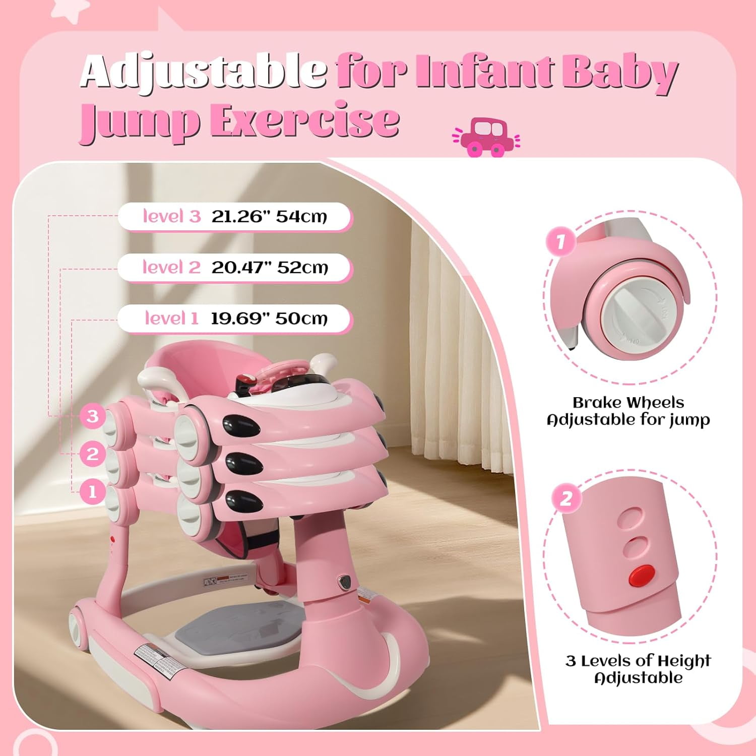 5 in 1 Baby Walker for Boys Girls,Foldable,Music,Light,Jumper,Rocking,Push,Height Adjustable Training Activity for Babies Infant 6-18 Months,Pink