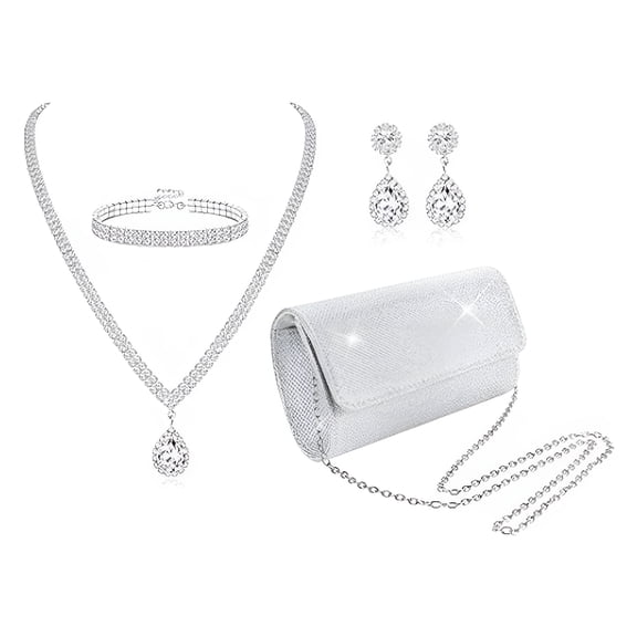DESIGNICE 4Pcs Silver Clutch Purse Jewelry Set for Women Evening Rhinestone Purse Crystal Necklace Earrings Bracelets Set Silver Accessories for Women Bride Wedding Jewelry