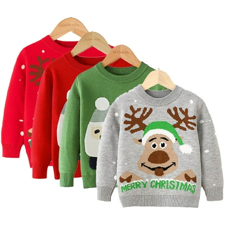 

WOLLED Kids Toddler Boys Girls Christmas Elk Sweater Cartoon Xmas Printed Clothes Cartoon Warm Pullover Knitwear Baby Crewneck Snowy Sweatshirt 2-7 Years