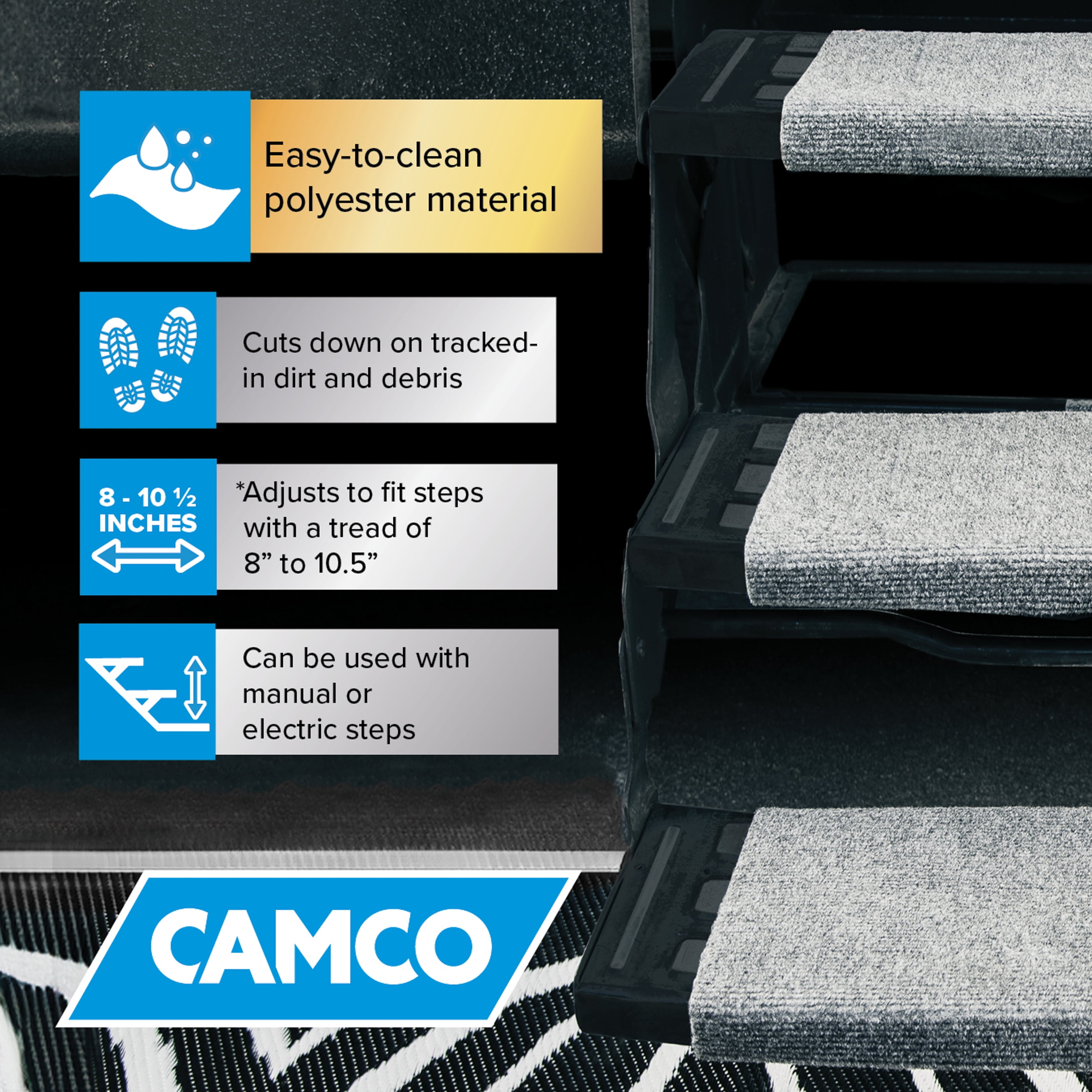 (2 pack) Camco Wrap around RV Step Rug - ﻿Weather-Resistant Materials, Gray (42925)