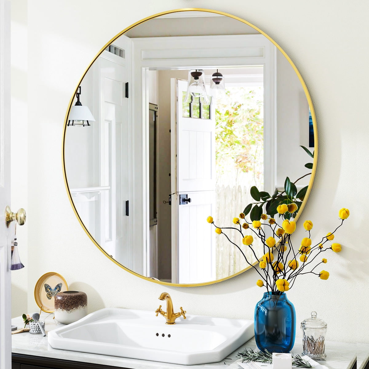 Lumora 42" Round Bathroom Mirror Wall Mirror Metal Frame Circle Mirror, Gold