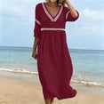 thumbnail image 7 of ClodeEU Women's Lace Trim V Neck 3/4 Sleeve Tunic Midi Dress,Casual Boho Beach Vacation Dress Wine,Women's Plus M, 7 of 7