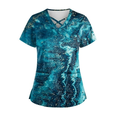 

KSCYKKKD Womens Tops Plus Size Cute Printed Scrub Working Uniform Tops for Womens Cross V Neck Short Sleeve Fun T-shirtss Workwear Tee with Pockets Dark Blue XXXXL