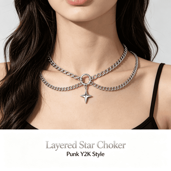 DESIGNICE Layered Dainty Star Necklace Stainless Steel O Ring Choker Punk Y2K Collar Adjustable Celestial Jewelry for Women Star Choker