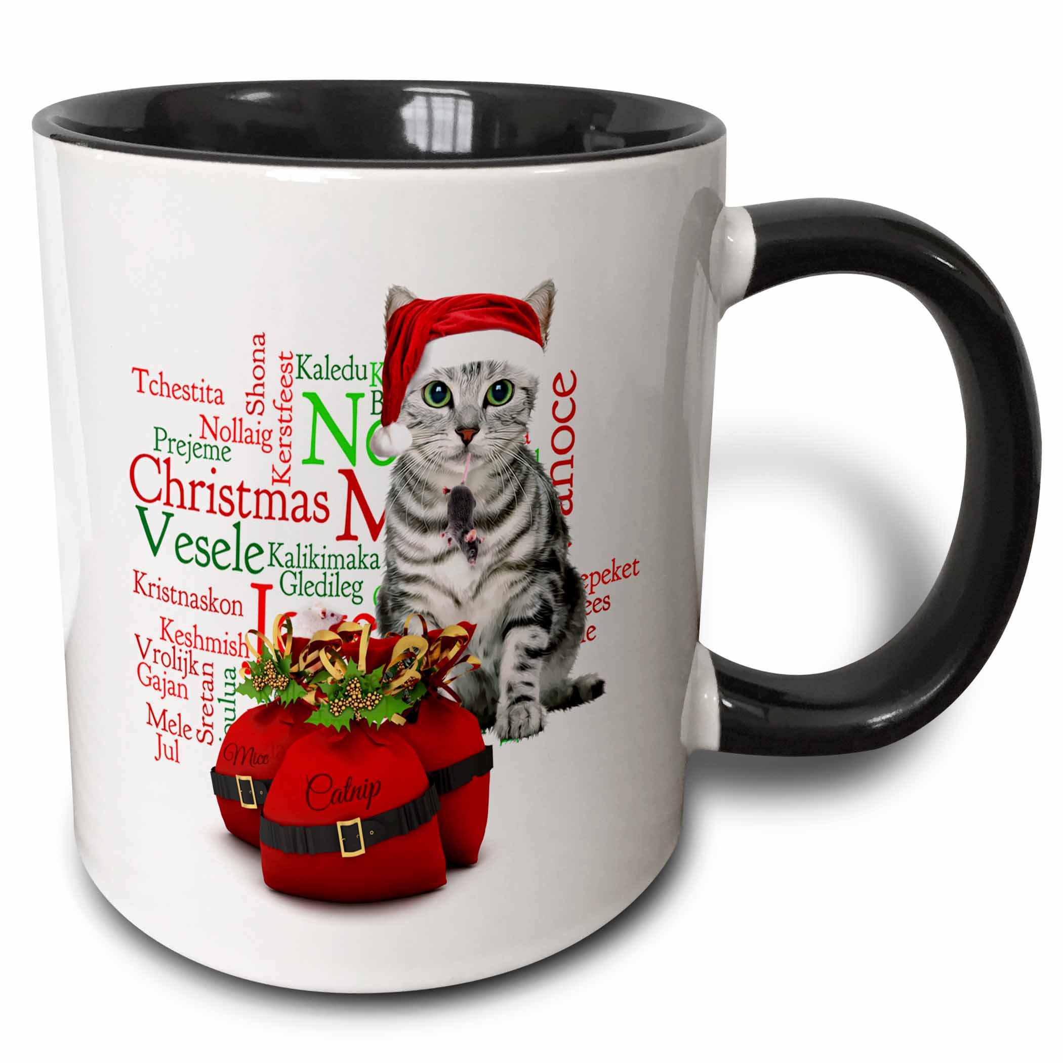3dRose Christmas Tabby Cat with Mouse in a Santa Hat Two Tone Black